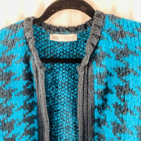 Zara Blue Houndstooth Chunky Blue Black Open Cardigan Size Large Slouchy Preppy - Picture 4 of 9